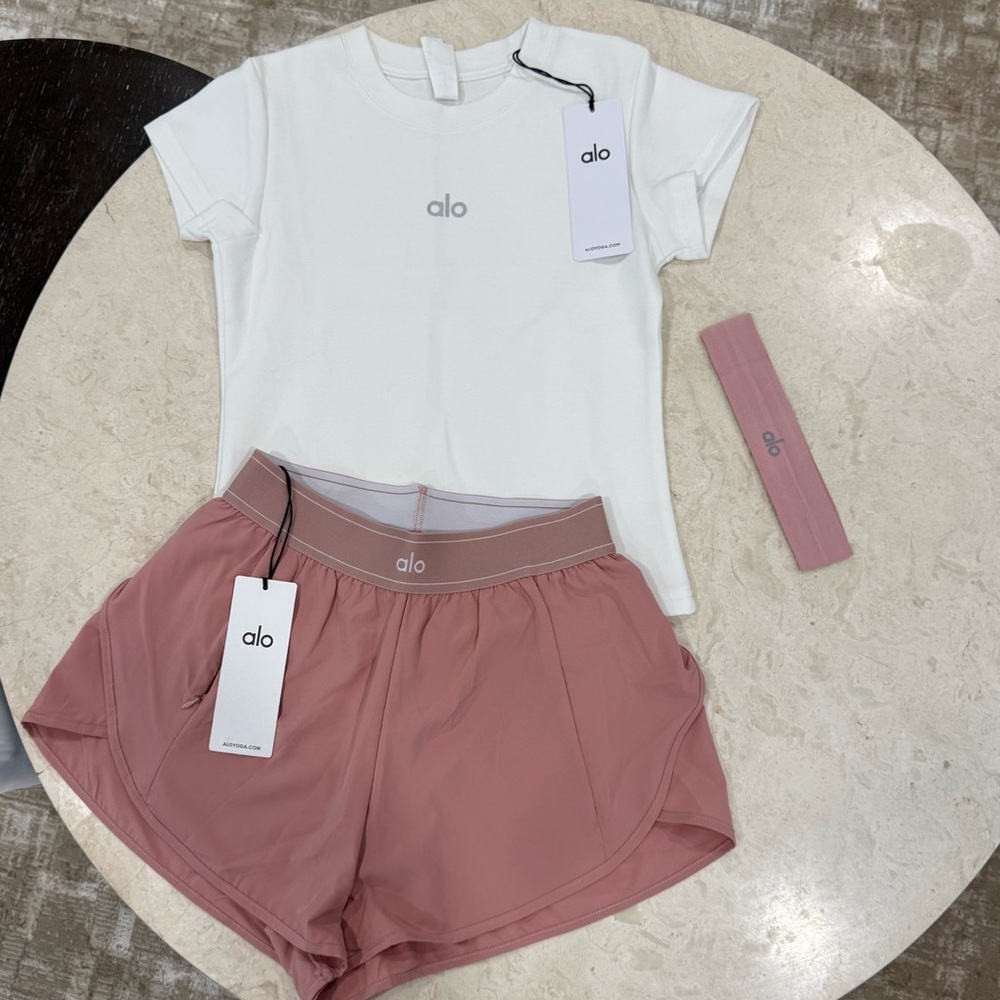 ALO Yoga White Tee with Dusty Rose Shorts